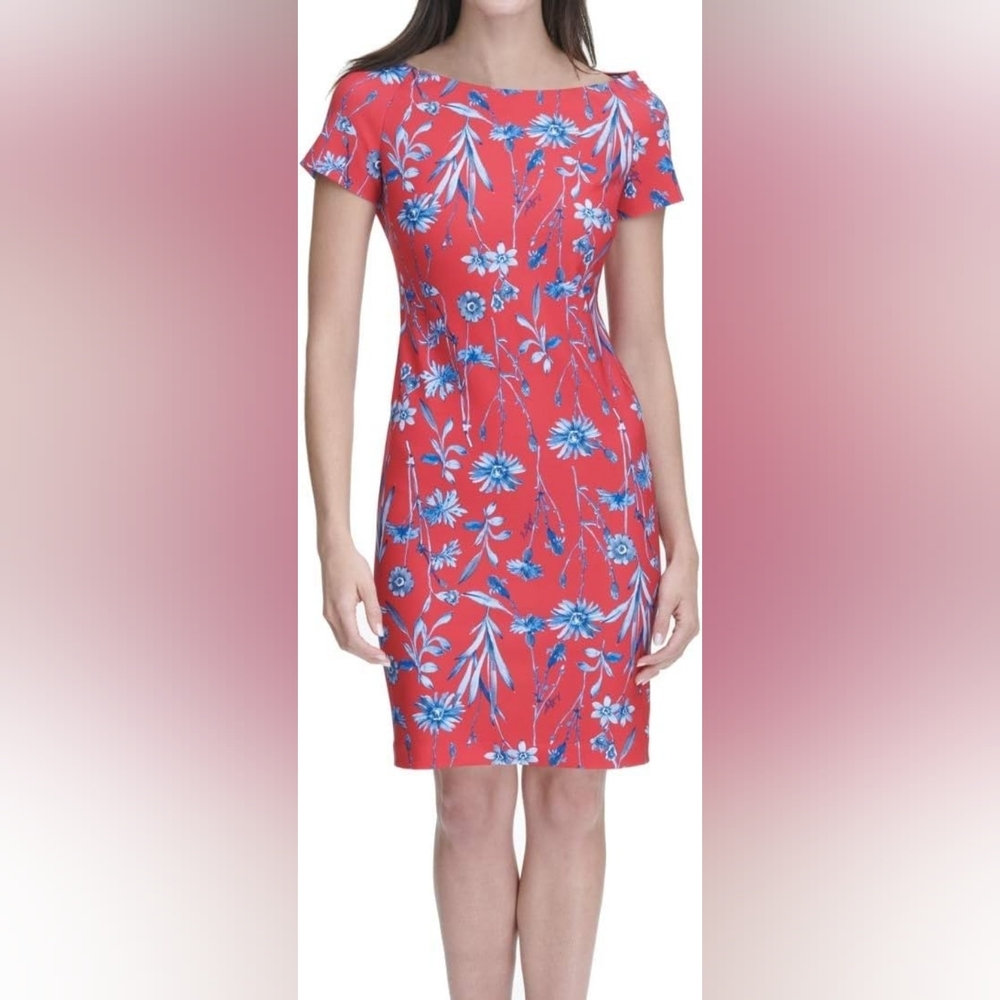 Tommy Hilfiger Coral Midi Dress with Blue Floral Print